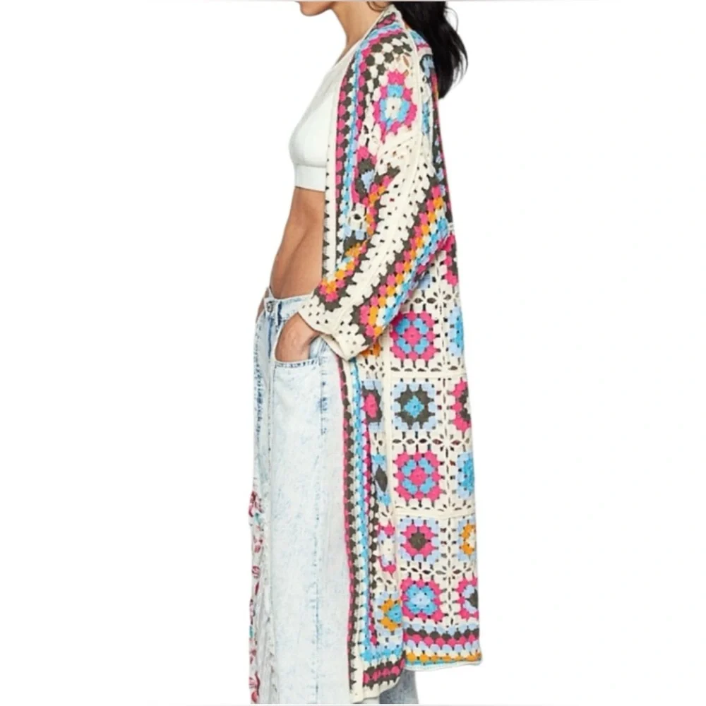 POL - One Size Fits Most Colorful Crochet Long Cardigan Sweater - Picture 3 of 3